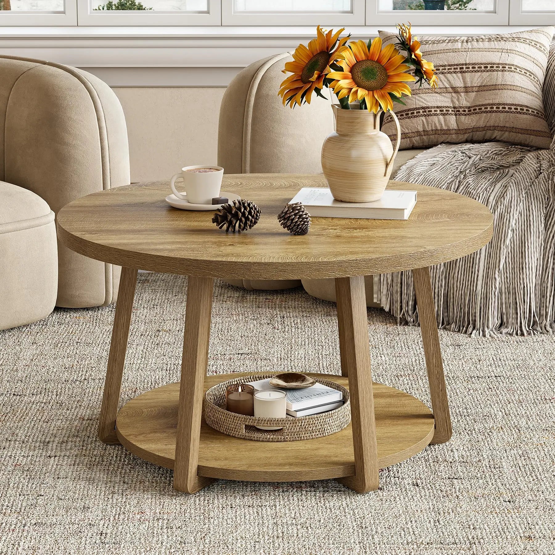 round Coffee Table, 2-Tier Center Table with Storage, Wooden Legs, for Living Room, Bedroom, Easy Assembly
