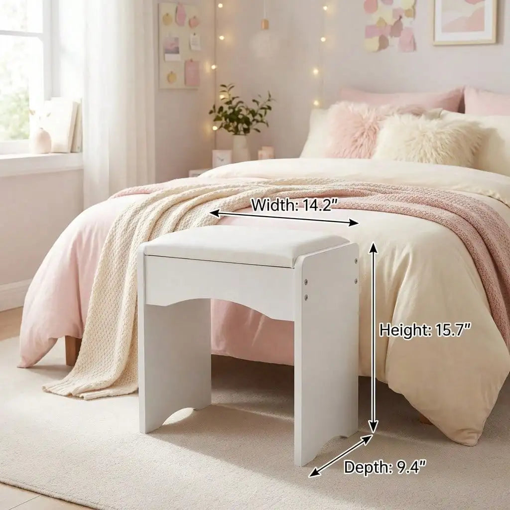 Modern Upholstered Vanity Stool with Storage, Soft Padded Seat Makeup Chair, White & Grey Accent Stool for Bedroombathroom
