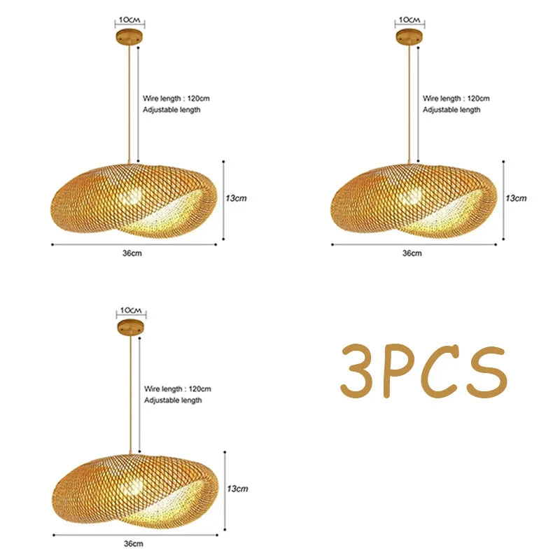 3 Pcs Lustre Rattan Wicker Lamp Shade Pendant Light Bamboo Ceiling Chandelier Set Suspended Luminaire Handmade Home Room Decor