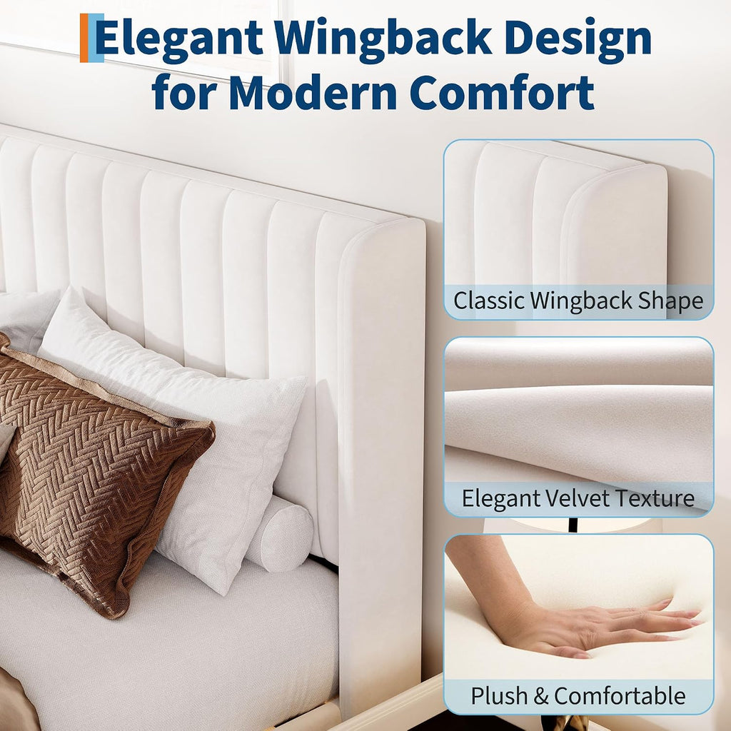 Queen Size Velvet Bed Frame/Vertical Channel Tufted Wingback Headboard/Upholstered Platform Bed/Wood Slats/No Box Spring Needed/Easy Assembly/Beige