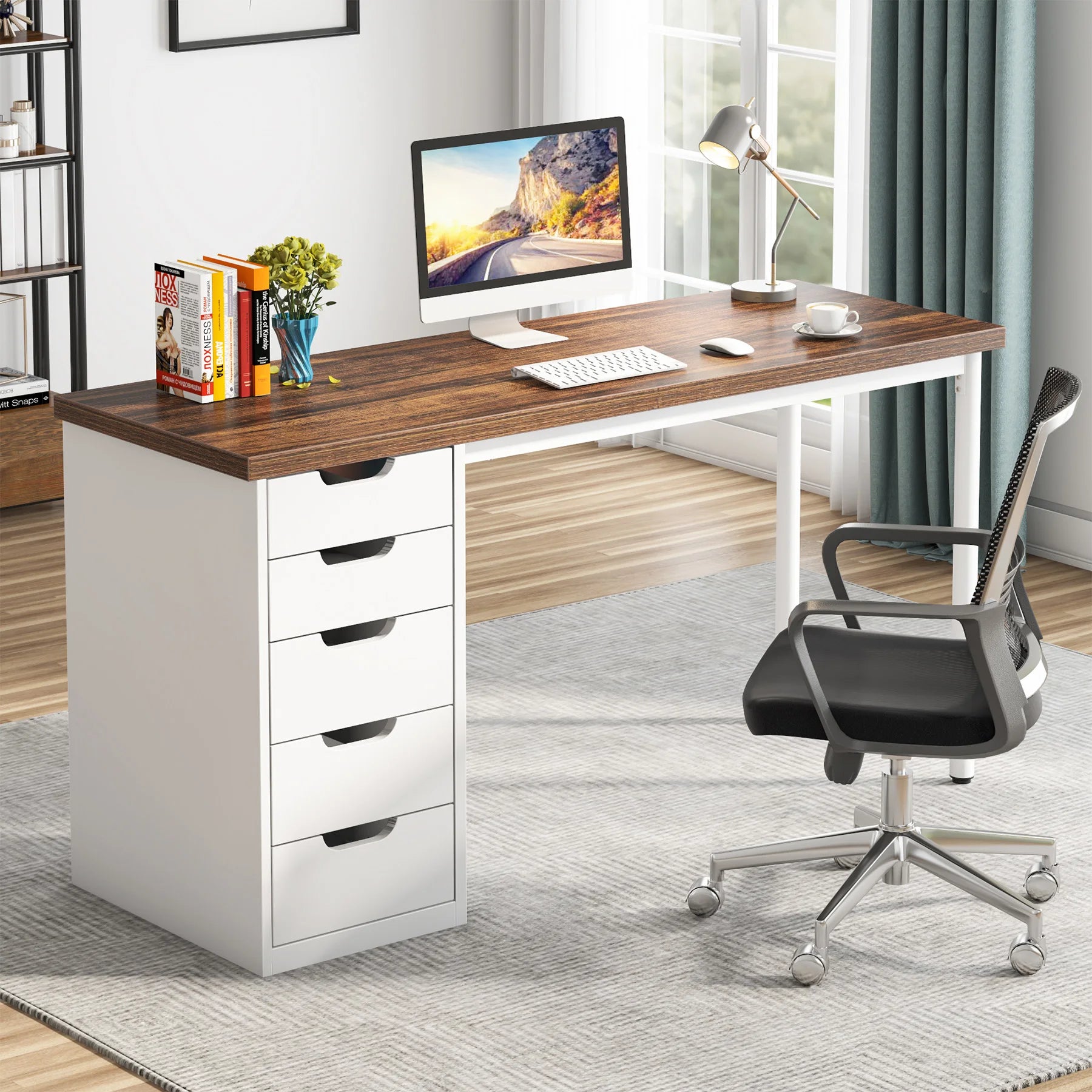 Computer Desk with 5 Drawers, 47 Inches Rustic Brown Home Office Desk with Storage, Modern Simple Laptop Desk Study W