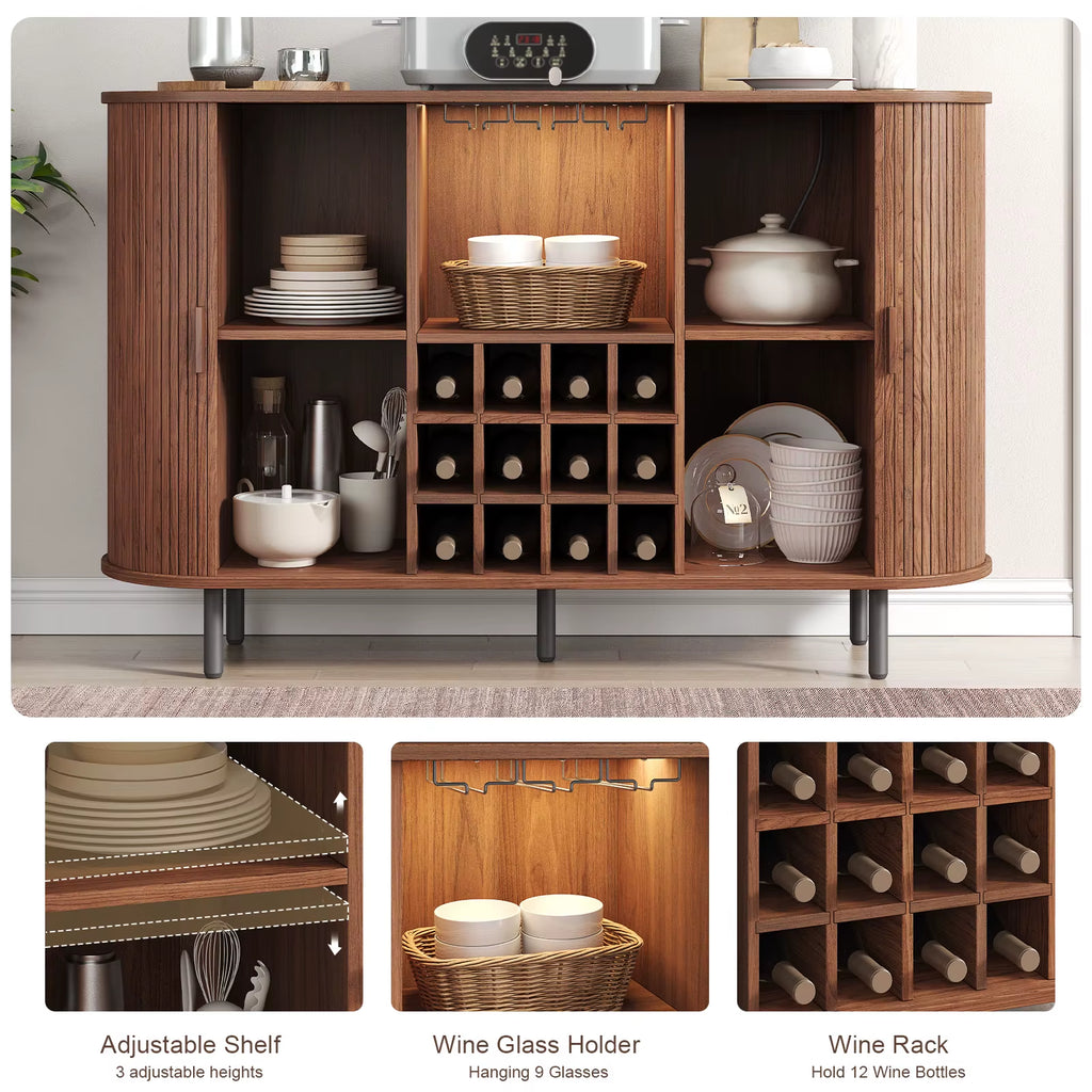Wine Bar Cabinet W/ LED Light,Liquor Cabinet for Home,Coffee Bar Cabinet W/ Wine Rack & Glass Holder,Walnut Buffet Sideboard