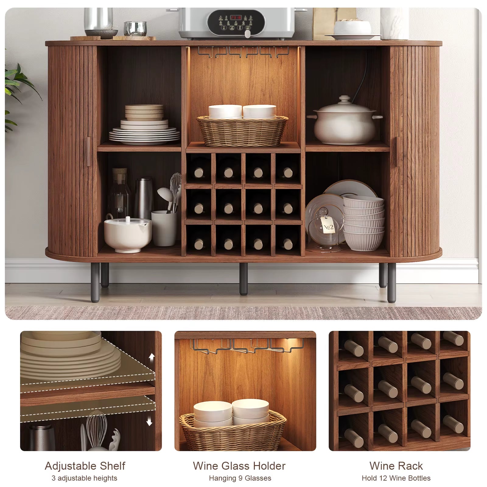 Wine Bar Cabinet W/ LED Light,Liquor Cabinet for Home,Coffee Bar Cabinet W/ Wine Rack & Glass Holder,Walnut Buffet Sideboard