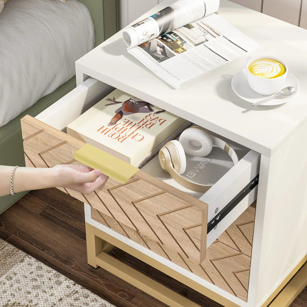 3 Drawers Nightstand Set of 2, Modern Bedside Table with Unique Chevron Design, White End Side Table Night Stands