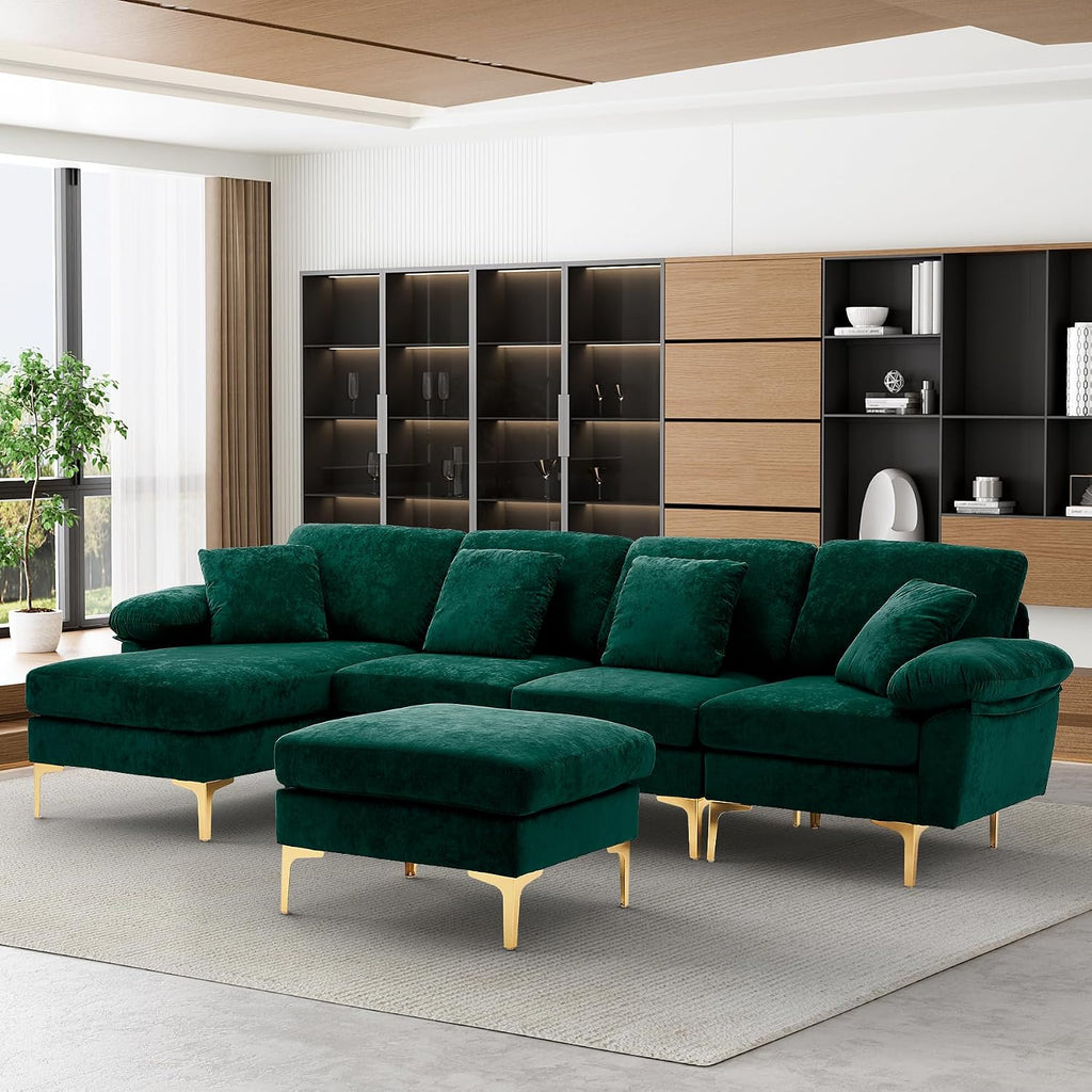U-Shaped Sectional Sofa Couch, 4 Seat Sofa Set for Living Room, Convertible L-Shaped Velvet Couch Set with Chaise Lounge, Ottoman and Pillows,114 Inches (Emerald Green)