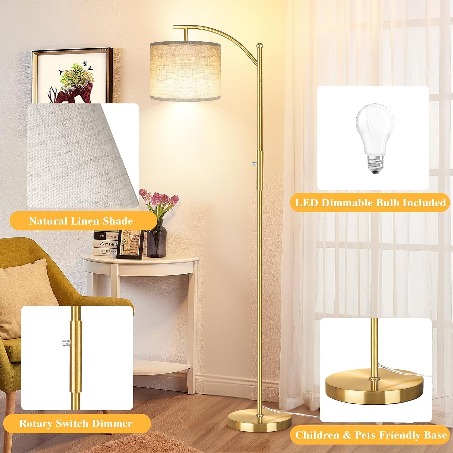 Dimmable Floor Lamp, Arc Floor Lamps for Living Room, Stepless Dimming Modern Standing Lamp with Linen Shade, Tall Lamp for Bedroom Office Dining Room- Brushed Gold