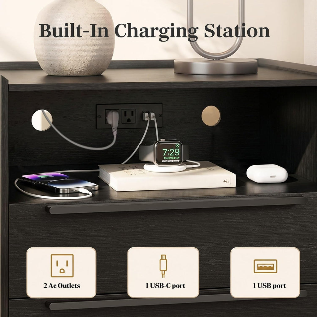 26 Inch Tall Black Oak Nightstand with Charging Station, 2 Drawers | 24 Inch Wide, 16 Inch Deep Design with Raised-Edge Tray Top, Open Shelf, Hidden Storage, and a Streamlined Look