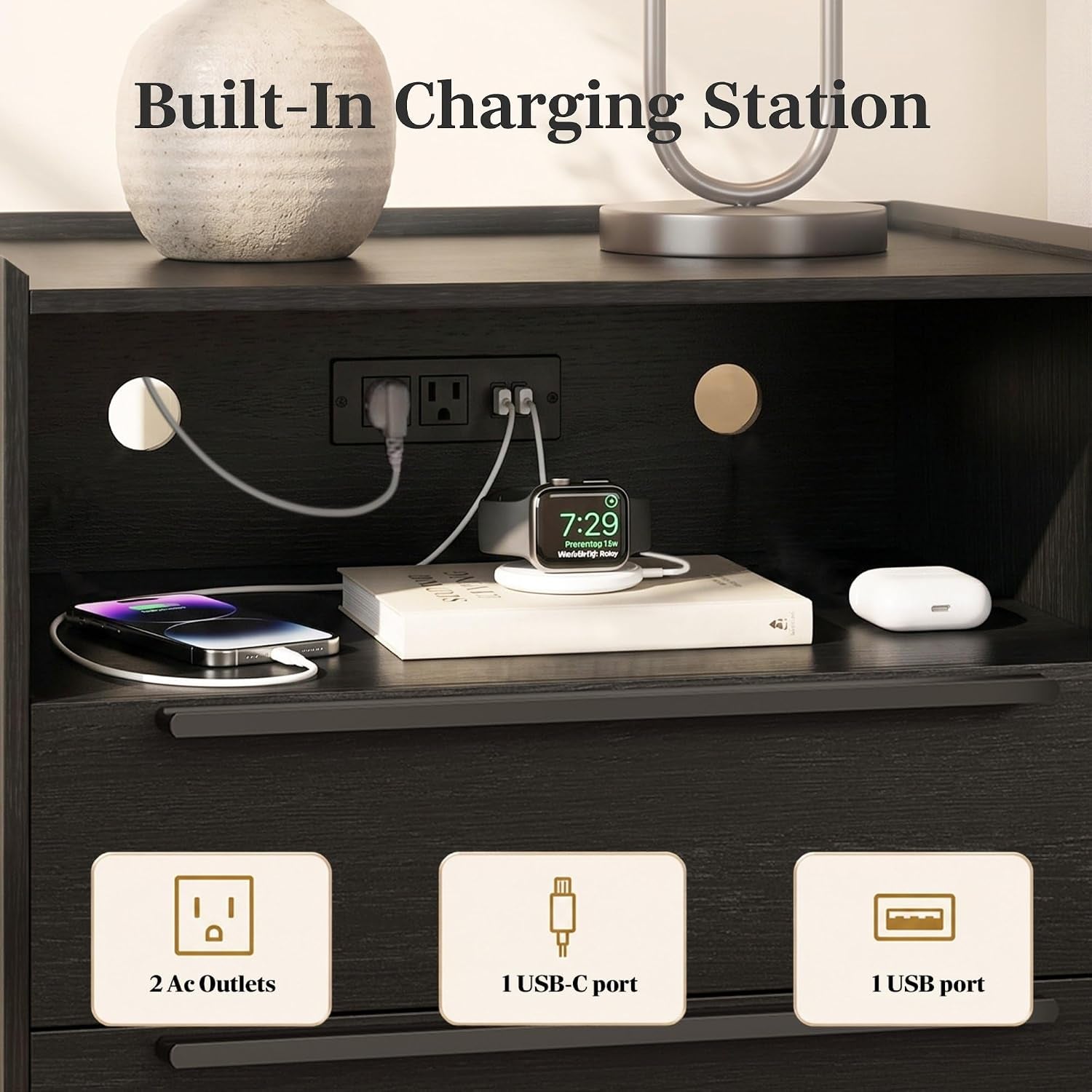26 Inch Tall Black Oak Nightstand with Charging Station, 2 Drawers | 24 Inch Wide, 16 Inch Deep Design with Raised-Edge Tray Top, Open Shelf, Hidden Storage, and a Streamlined Look