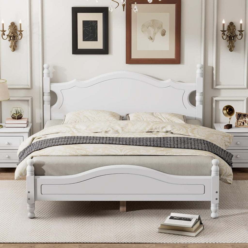 Modern Farmhouse Wood Platform Bed with Headboard, Queen Bed Frame with Wood Slat Support White