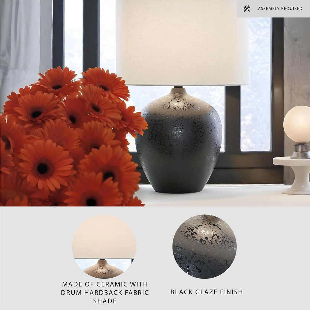 Signature Design by Ashley Ladstow Urban 22.5" Sleek Ceramic Table Lamp, Black | Touch-Activated 3-Way Base, White Drum Hardback Fabric Shade, Extra-Long 103-Inch Cord for Flexible Placement