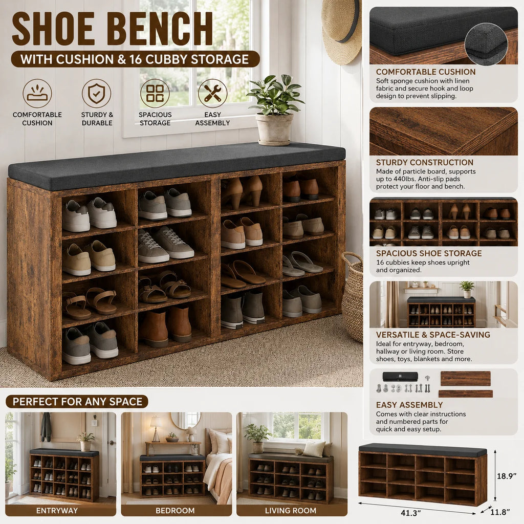 Shoe Storage Bench with Cushion 16 Cubby Shoe Rack Multifunctional Shoe Organizer Bench for Entryway Hallway Living Room Bedroom