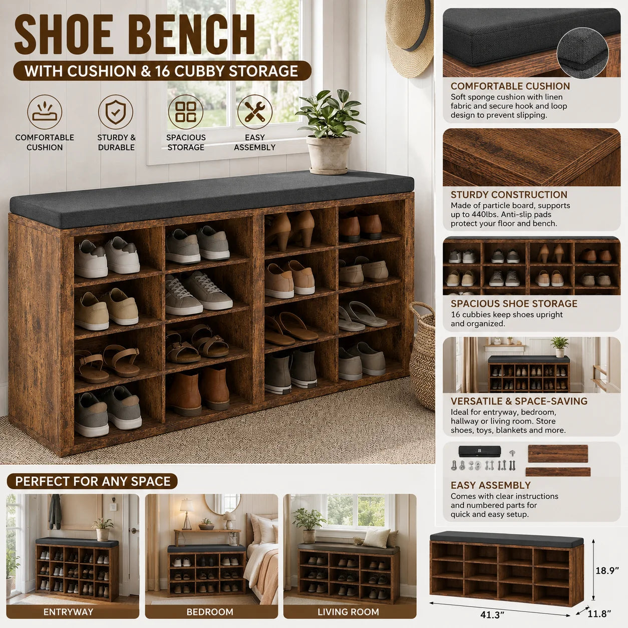 Shoe Storage Bench with Cushion 16 Cubby Shoe Rack Multifunctional Shoe Organizer Bench for Entryway Hallway Living Room Bedroom
