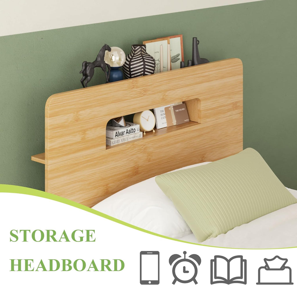 Solid Bamboo Wood Bed Frame Twin with Storage Headboard, 14 Inch Platform Bed Frame Twin Size No Box Spring Needed with Steel Slats, Sturdy and Stable, Easy Assembly, Noise Free