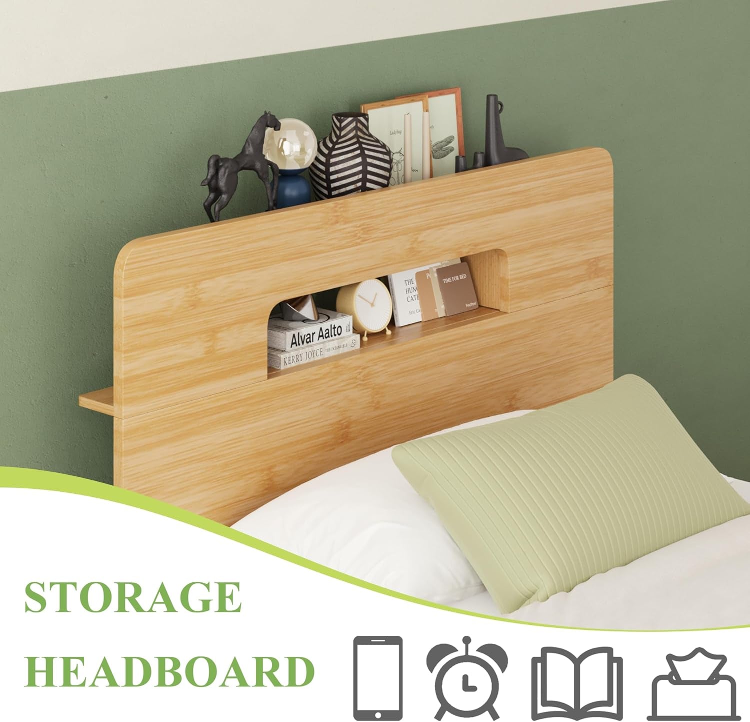 Solid Bamboo Wood Bed Frame Twin with Storage Headboard, 14 Inch Platform Bed Frame Twin Size No Box Spring Needed with Steel Slats, Sturdy and Stable, Easy Assembly, Noise Free