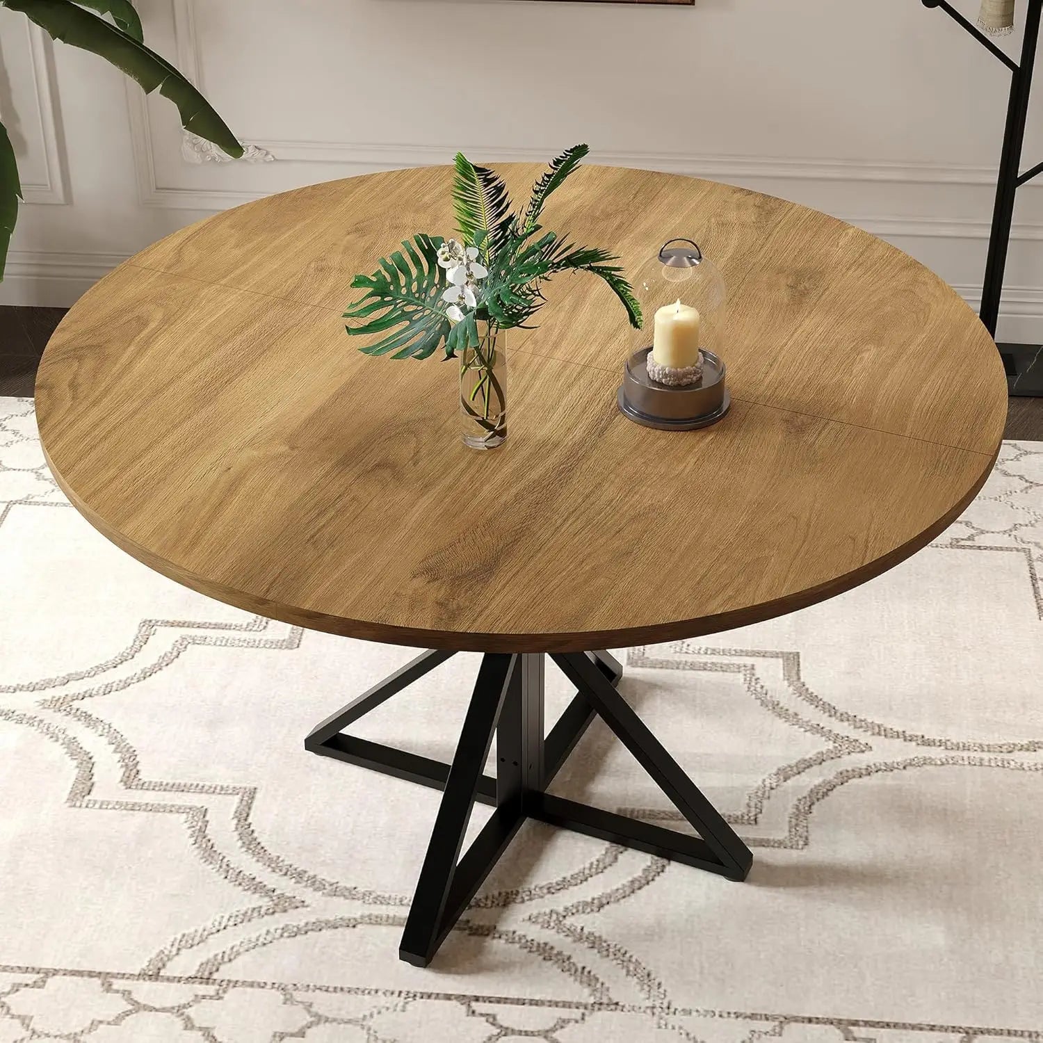 47" round Dining Table for 4, Wood Top & Heavy-Duty Metal Pedestal Dinner Table for Dining Room, Kitchen, Living Room Farmhouse