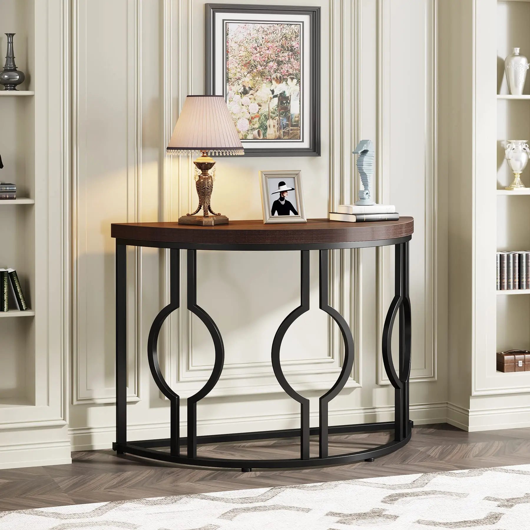 Half Moon Console Table for Entryway, 43 Inch Industrial Semi Circle Sofa Table with Geometric Base, Wood Accent Tabl