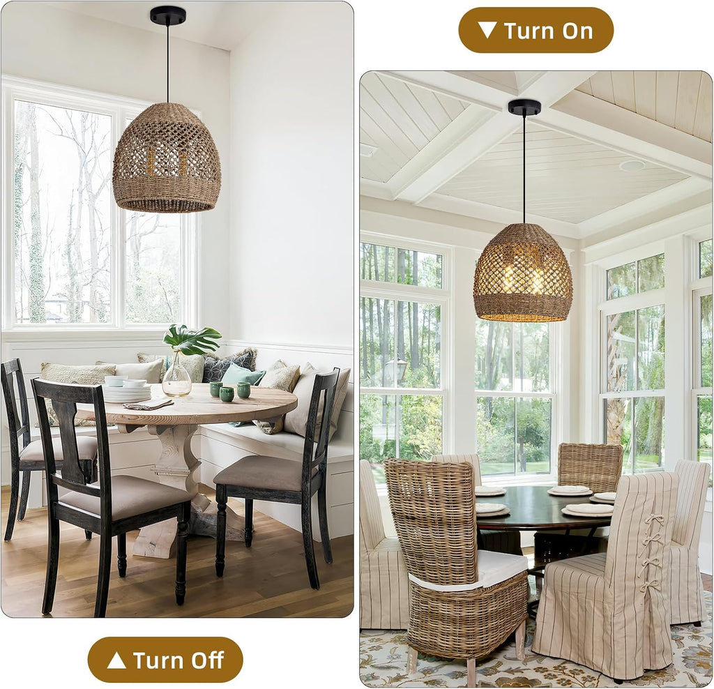 2-Light Rattan Pendant Light Boho Wicker Chandelier | 13.78" Handwoven Bamboo Lights Fixture ,Seagrass Ratan Hanging Lamp for Dining Kitchen Island Living Room Bedroom