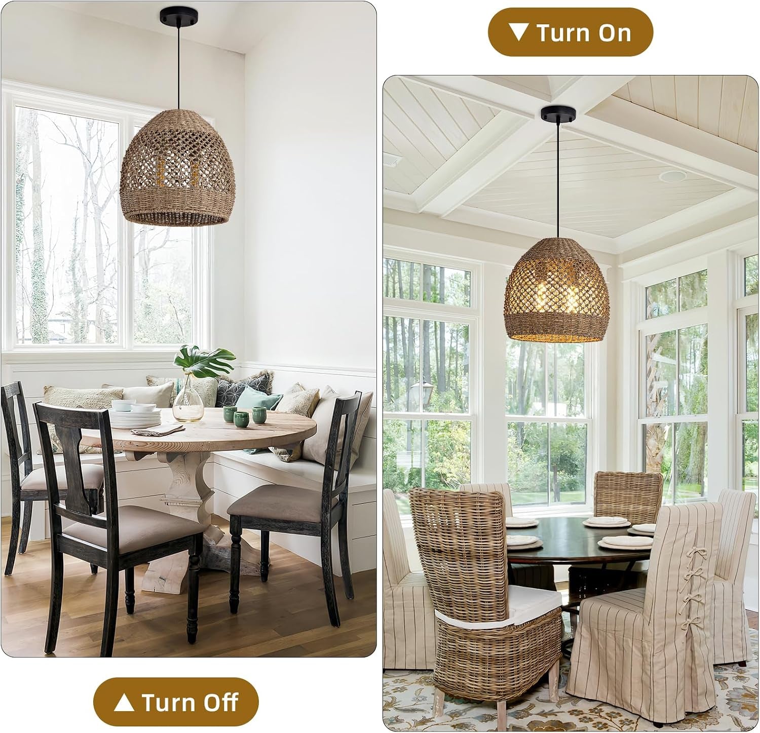 2-Light Rattan Pendant Light Boho Wicker Chandelier | 13.78" Handwoven Bamboo Lights Fixture ,Seagrass Ratan Hanging Lamp for Dining Kitchen Island Living Room Bedroom