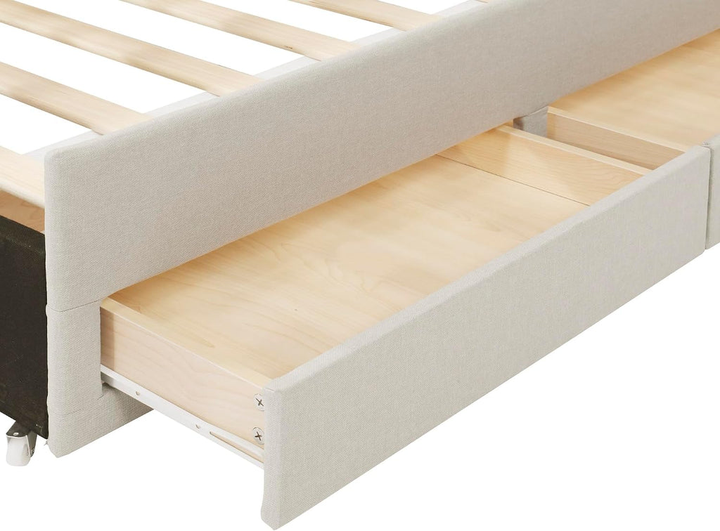 Full Size Bed Frame with Twin Trundle Bed and Storage Drawers,Linen Upholstered Bed Frame,Full Size Trundle Bed with Adjustable Headboard for Kids Teens Adults,Beige