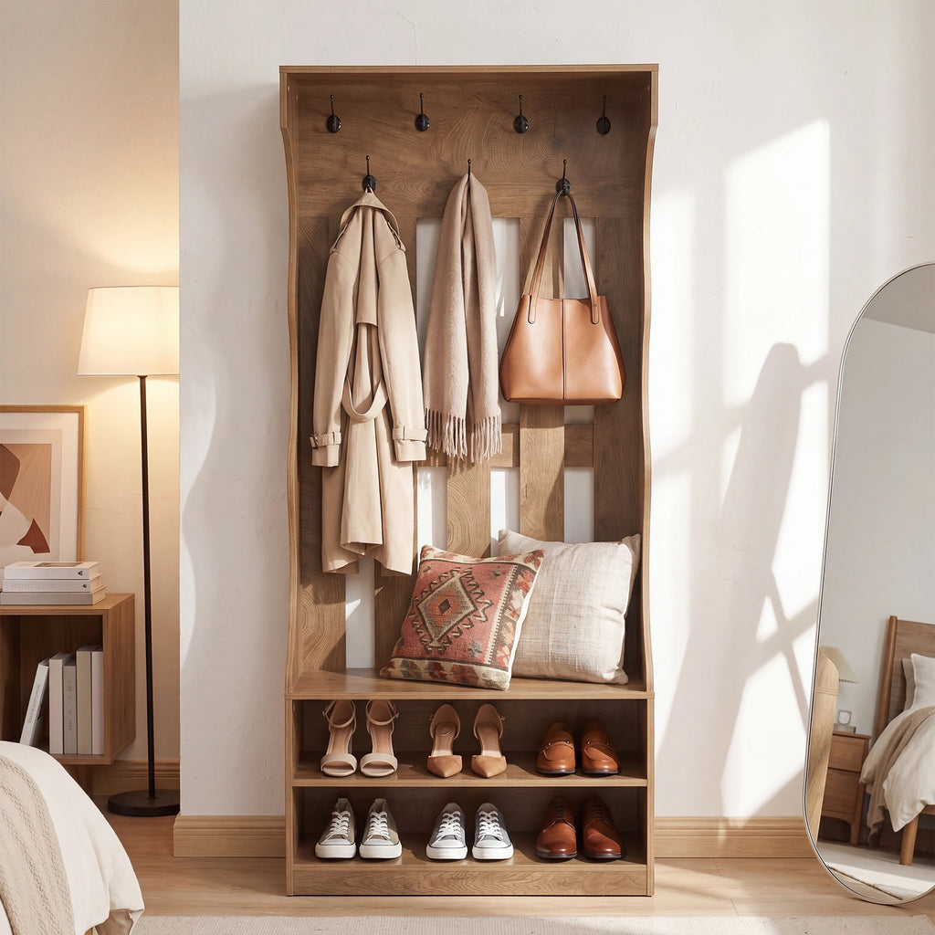 3-In-1 Coat Rack with Shoe Bench, 70.9" Tall Hall Tree with 7 Hooks, Farmhouse Entryway Coat Rack with 2 Tier Shoe Storage for Entryway, Living Room, Bedroom, Brown