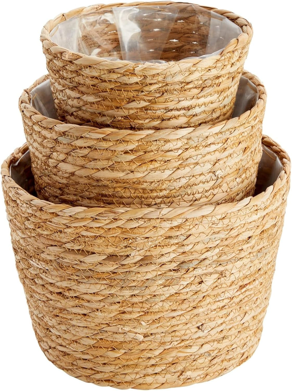 Seagrass Indoor Planter Set with Plastic Lining, 3 Small Woven Wicker Baskets for Plants, Flower (3 Sizes)