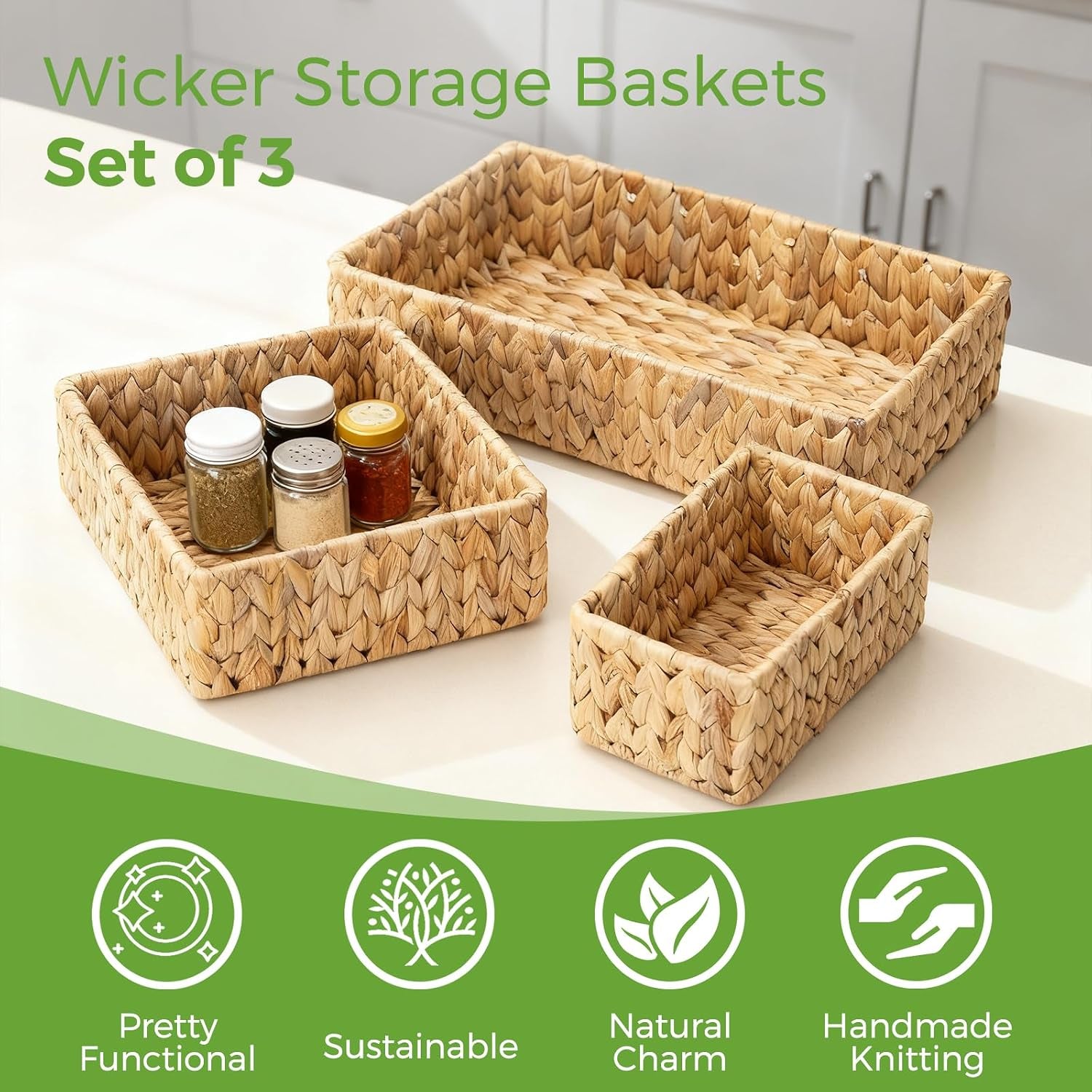 Wicker Storage Baskets Set of 3, Large and Small Wicker Pantry Baskets Set | Handwoven Water Hyacinth Baskets for Organizing, Decorative Natural Woven Baskets 3Pack for Toilet Shelves, Boho Decor