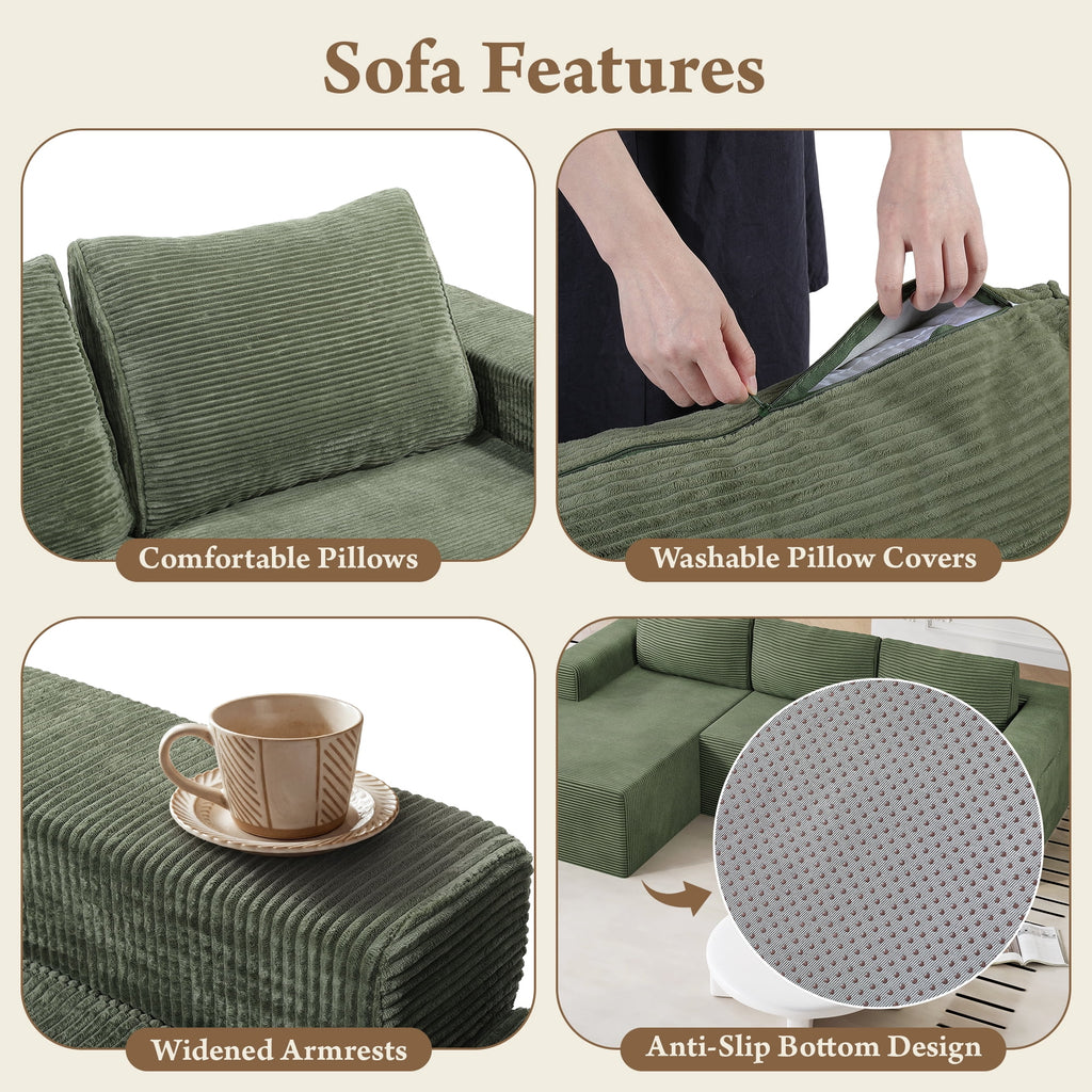 Modular Sectional Sofa Couches L-Shape Couch 3 Seat Modular Sofa Memory Foam Sectional Couches for Living Room, Cloud Couch with Oversized Chaise (Green Stripe, 94.5" Left Facing Chaise)