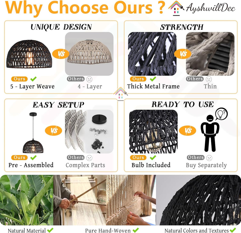 Black Woven Pendant Light Boho Chandelier Light Fixture Wicker Pendant Light Rattan Light Pendant Woven Light Fixture Dome Pendant Light for Dining Room Bedroom Kitchen Island (Bulb Incl)