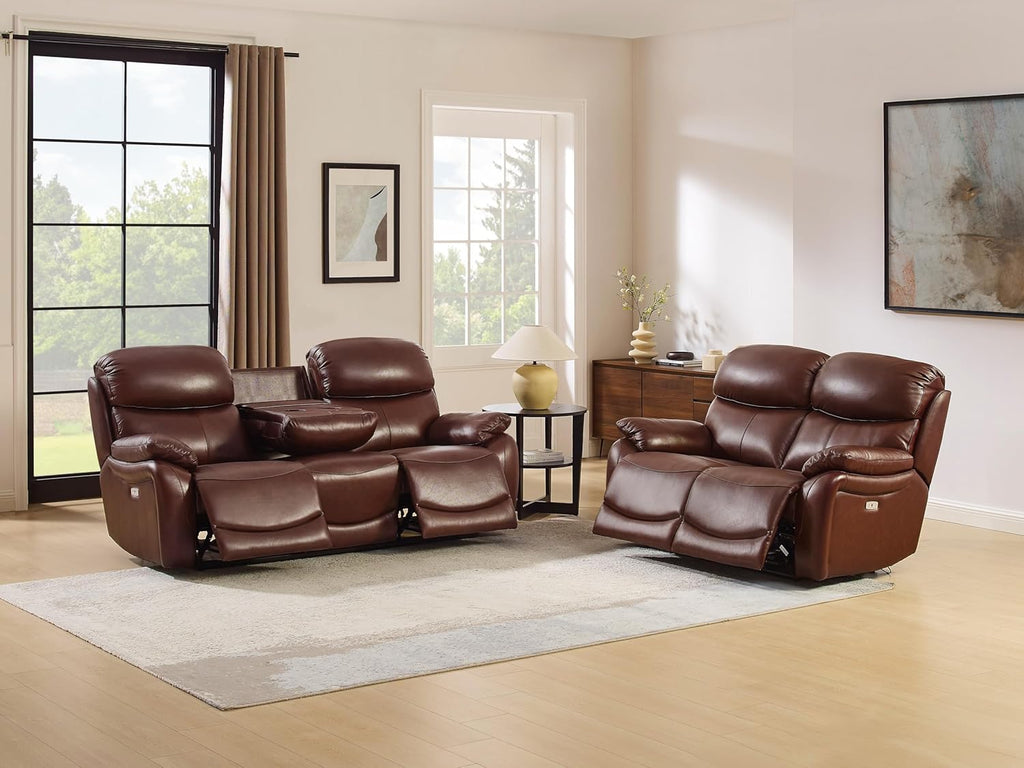 Brown Top Grain Leather Power Recliner Sofa Loveseat Set with USB Port. | Genuine Leather Reclining Sofa, Drop down Table, Ergonomic High Backrest, Cup Holders, Living Room Furniture Sets