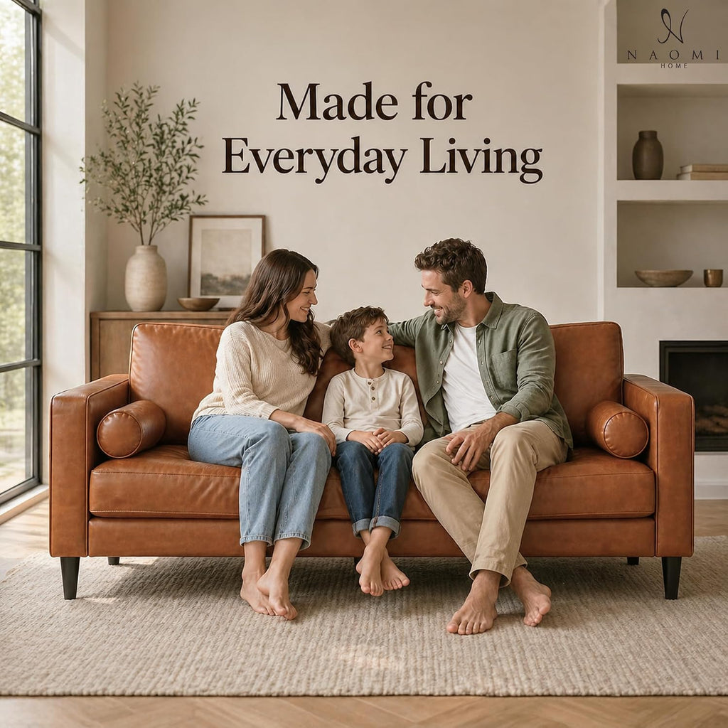 Marisa Genuine Leather Mid-Century Modern Sofa, Tan | Removable Cushions, Matching Bolster Pillows, Plush Foam Comfort, Sturdy Hardwood Frame, Spacious 3-Seater Seating