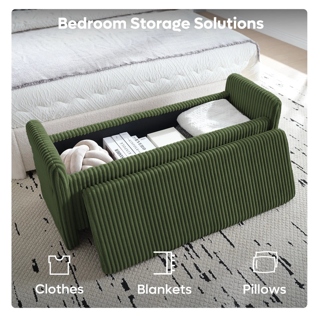 44" Upholstered Storage Bench, Wood Frame Entryway Bench with Storage for Bedroom & Living Room, Corduroy Olive Green