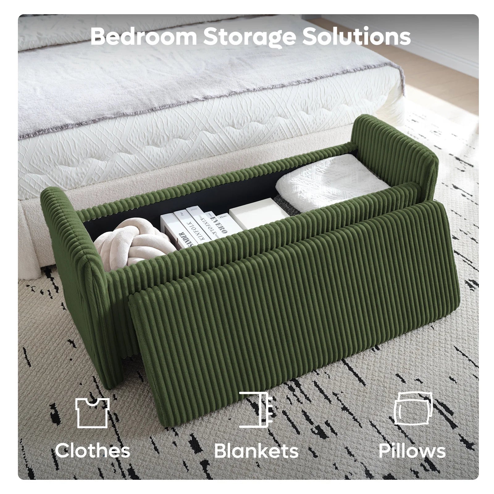 44" Upholstered Storage Bench, Wood Frame Entryway Bench with Storage for Bedroom & Living Room, Corduroy Olive Green