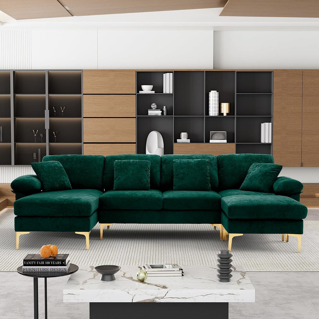 U-Shaped Sectional Sofa Couch, 4 Seat Sofa Set for Living Room, Convertible L-Shaped Velvet Couch Set with Chaise Lounge, Ottoman and Pillows,114 Inches (Emerald Green)