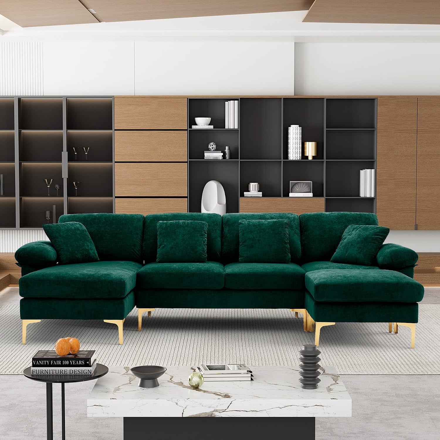 U-Shaped Sectional Sofa Couch, 4 Seat Sofa Set for Living Room, Convertible L-Shaped Velvet Couch Set with Chaise Lounge, Ottoman and Pillows,114 Inches (Emerald Green)