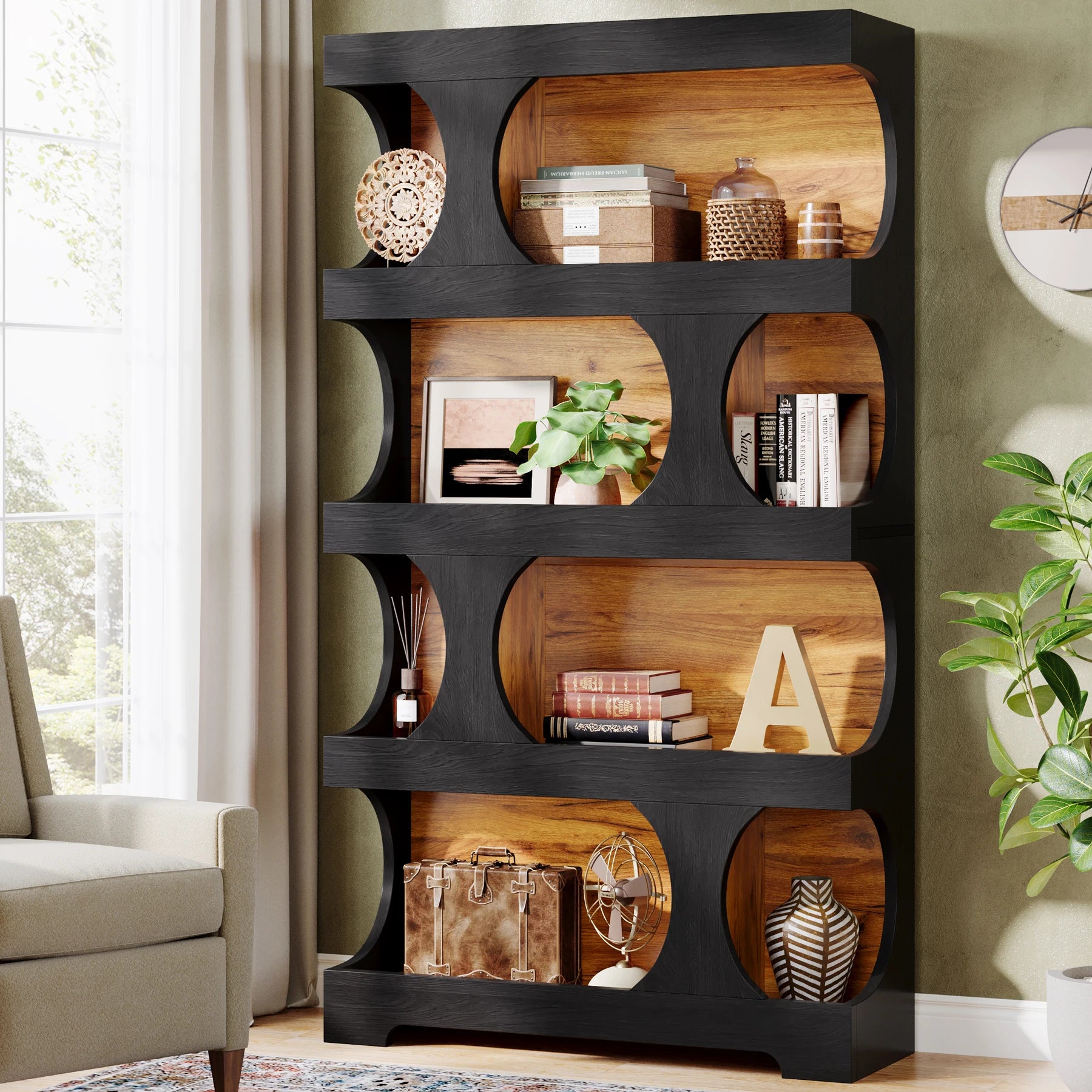 71" Tall Bookcase, 4-Tier S-Shaped Bookshelf, Wood Decorative Storage Shelving, Modern Freestanding Display Shelves