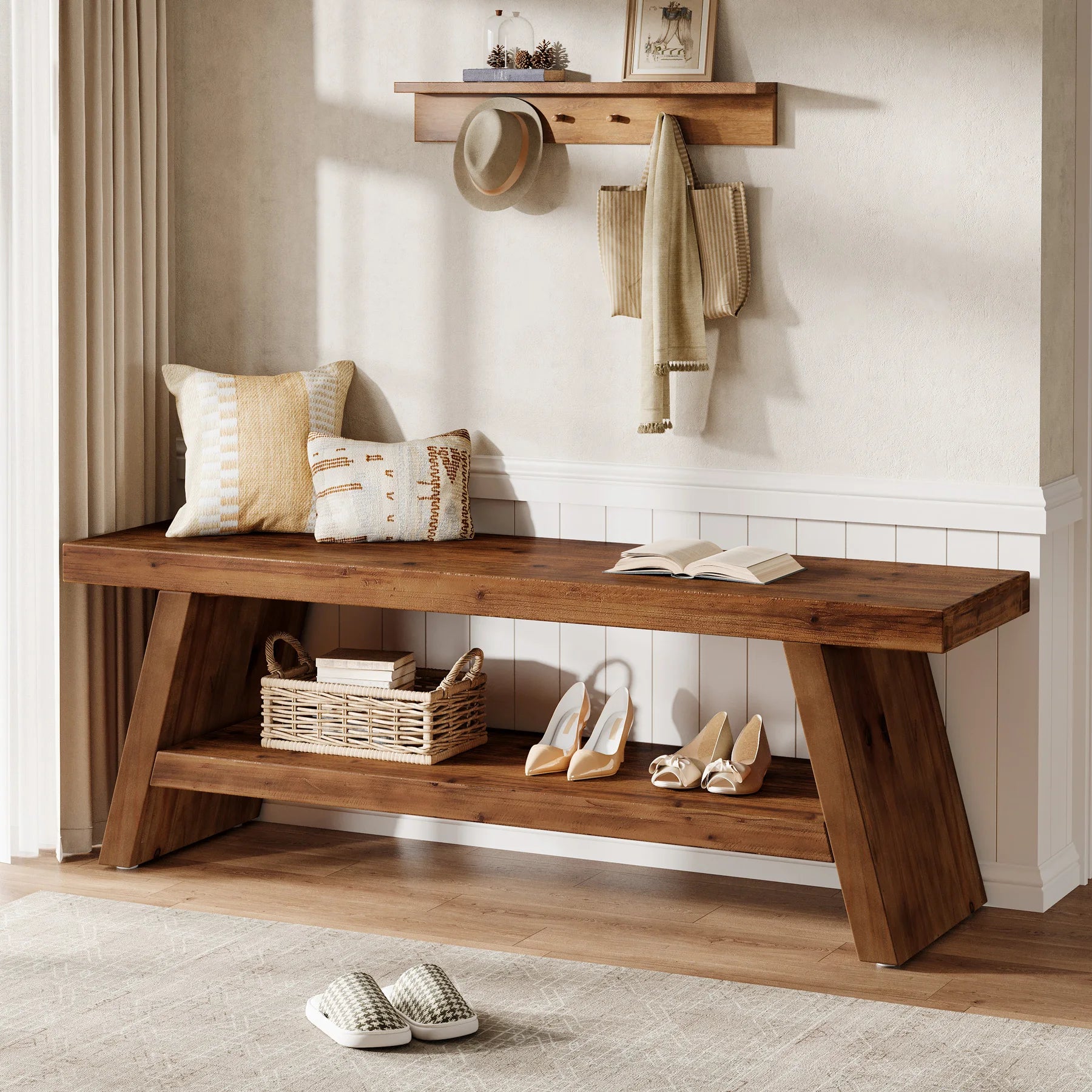 Tribesigns Solid Wood Entryway Bench, 2-Tier Wooden Storage Bench, Farmhouse Indoor Shoe Bench Seat for Entry, Living Room, Dining Room, Bedroom (Brown)
