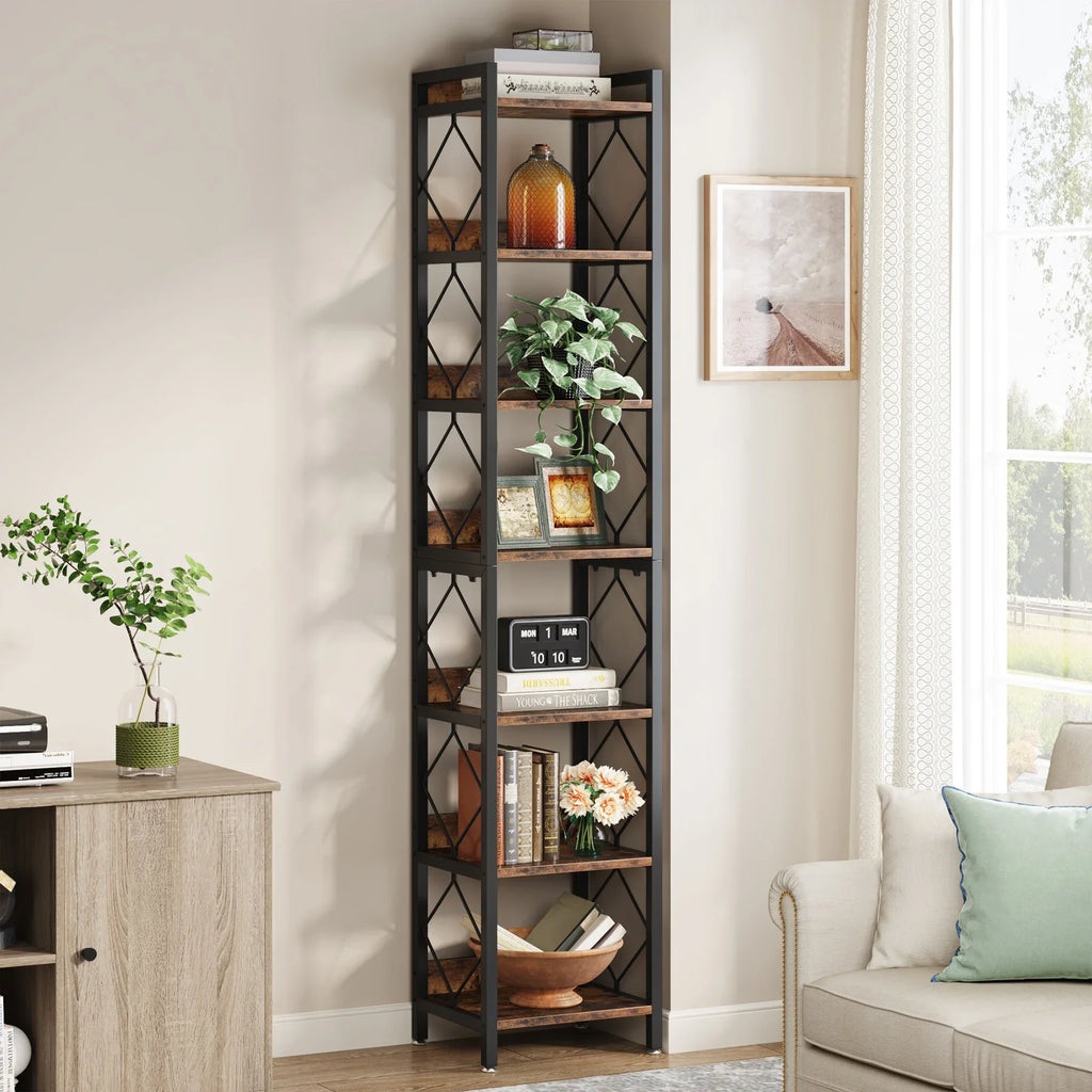 78.7 Inch Extra Tall Narrow Bookshelf, 7 Tier Skinny Bookcase for Small Spaces, Freestanding Display Shelves