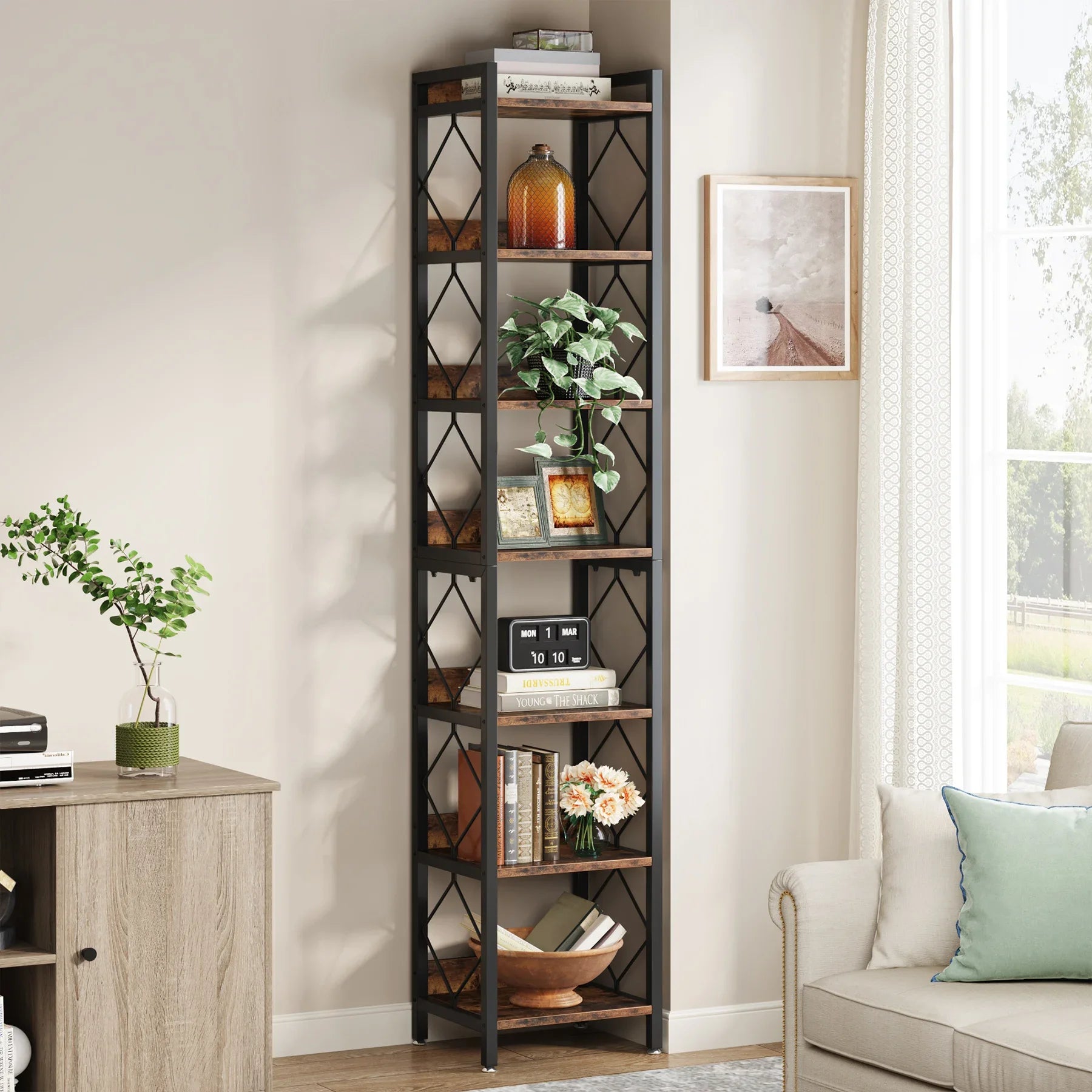 78.7 Inch Extra Tall Narrow Bookshelf, 7 Tier Skinny Bookcase for Small Spaces, Freestanding Display Shelves