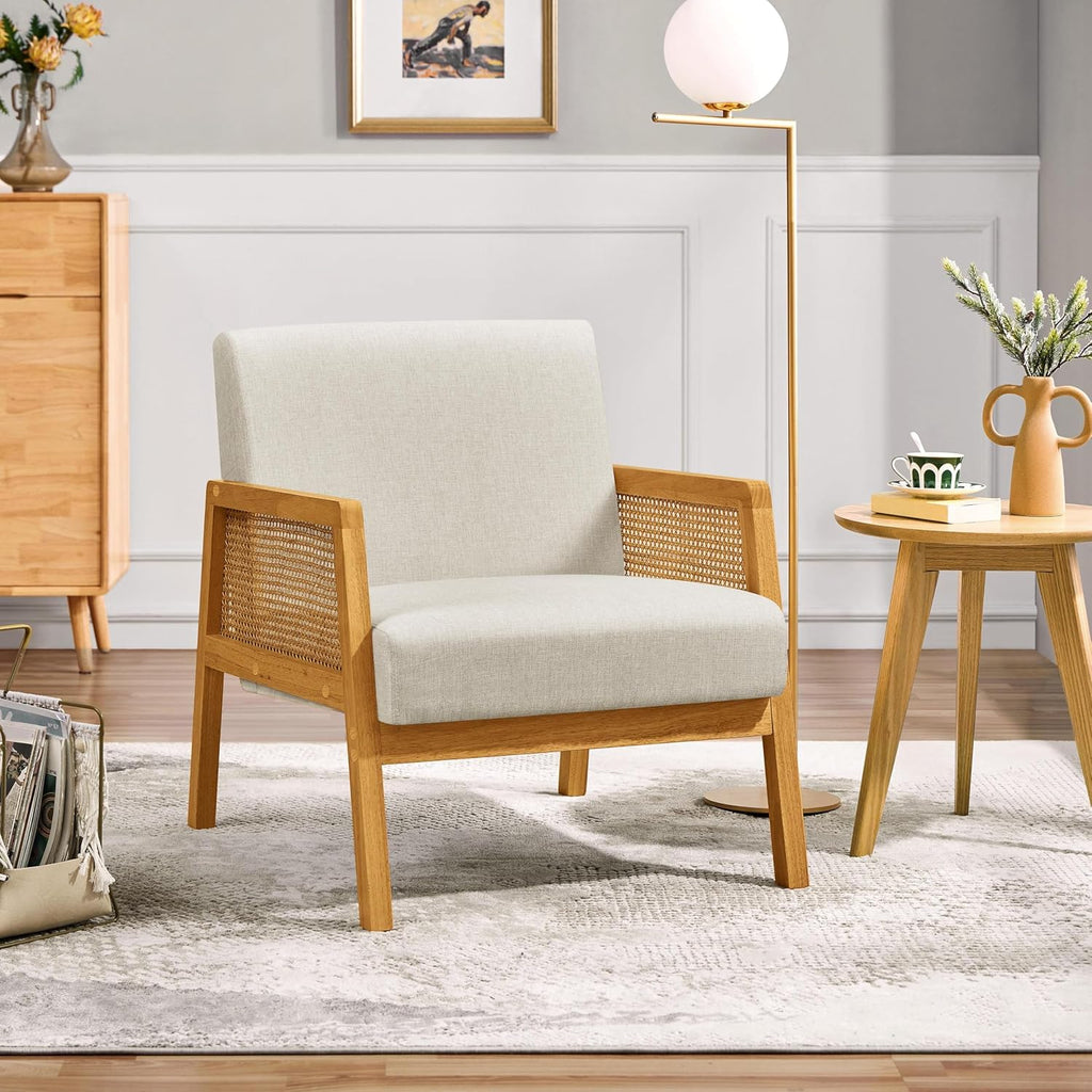 Yaheetech Rattan Accent Chair, Boho Vintage Armchair, Beige | Boucle Fabric Chair, Upholstered Reading Chair with Wood Armrest and Legs for Living Room Bedroom Reception Waiting Room