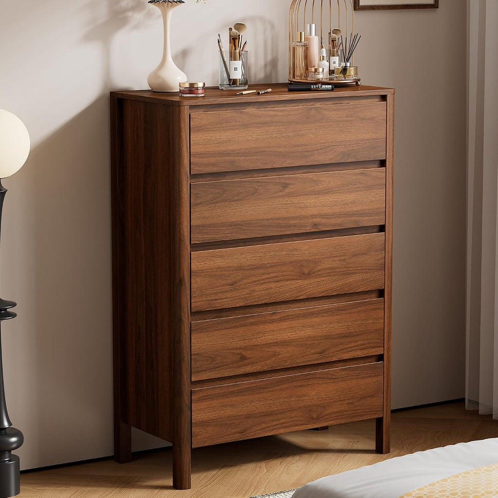 Walnut Dresser for Bedroom, 5 Drawer Dresser with Wood Legs, Tall Wood Dresser, Mid Century Modern Chest of Drawers, Large Storage Bedroom Furniture, Walnut