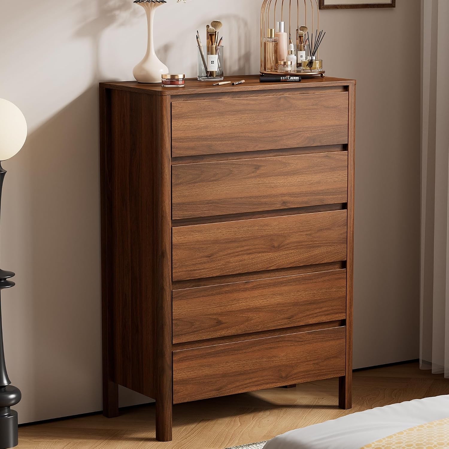 Walnut Dresser for Bedroom, 5 Drawer Dresser with Wood Legs, Tall Wood Dresser, Mid Century Modern Chest of Drawers, Large Storage Bedroom Furniture, Walnut