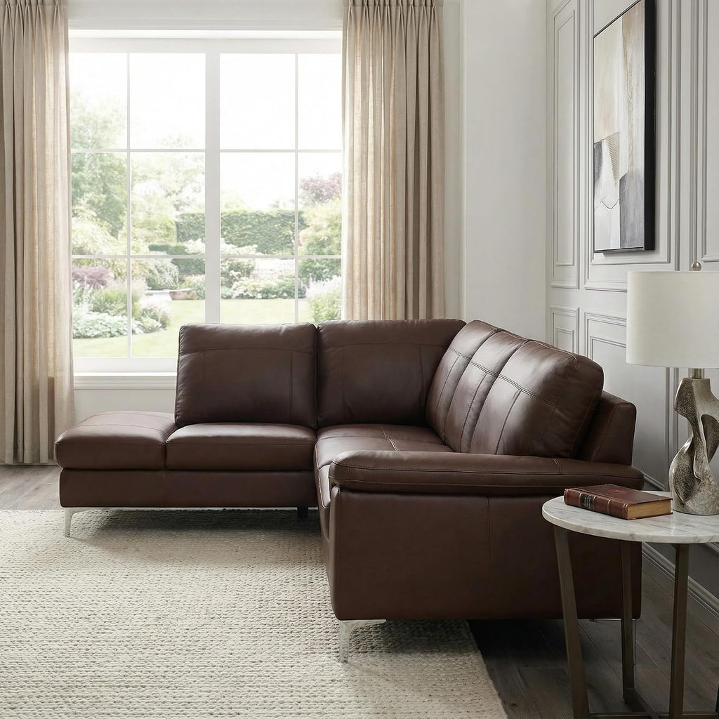 Contemporary Dallas Genuine Leather Sectional Sofa with Left Side Facing Chaise Lounge, Brown 80"X98"