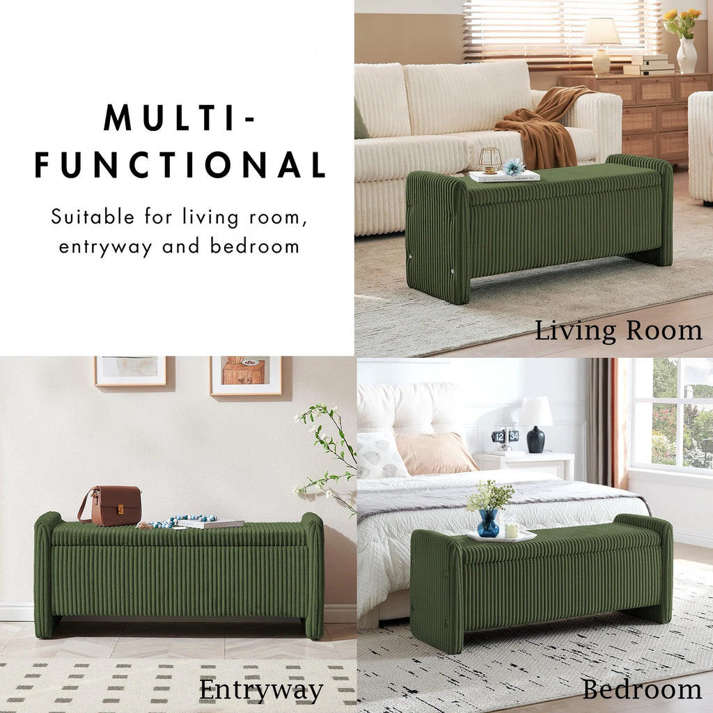 44" Upholstered Storage Bench, Wood Frame Entryway Bench with Storage for Bedroom & Living Room, Corduroy Olive Green