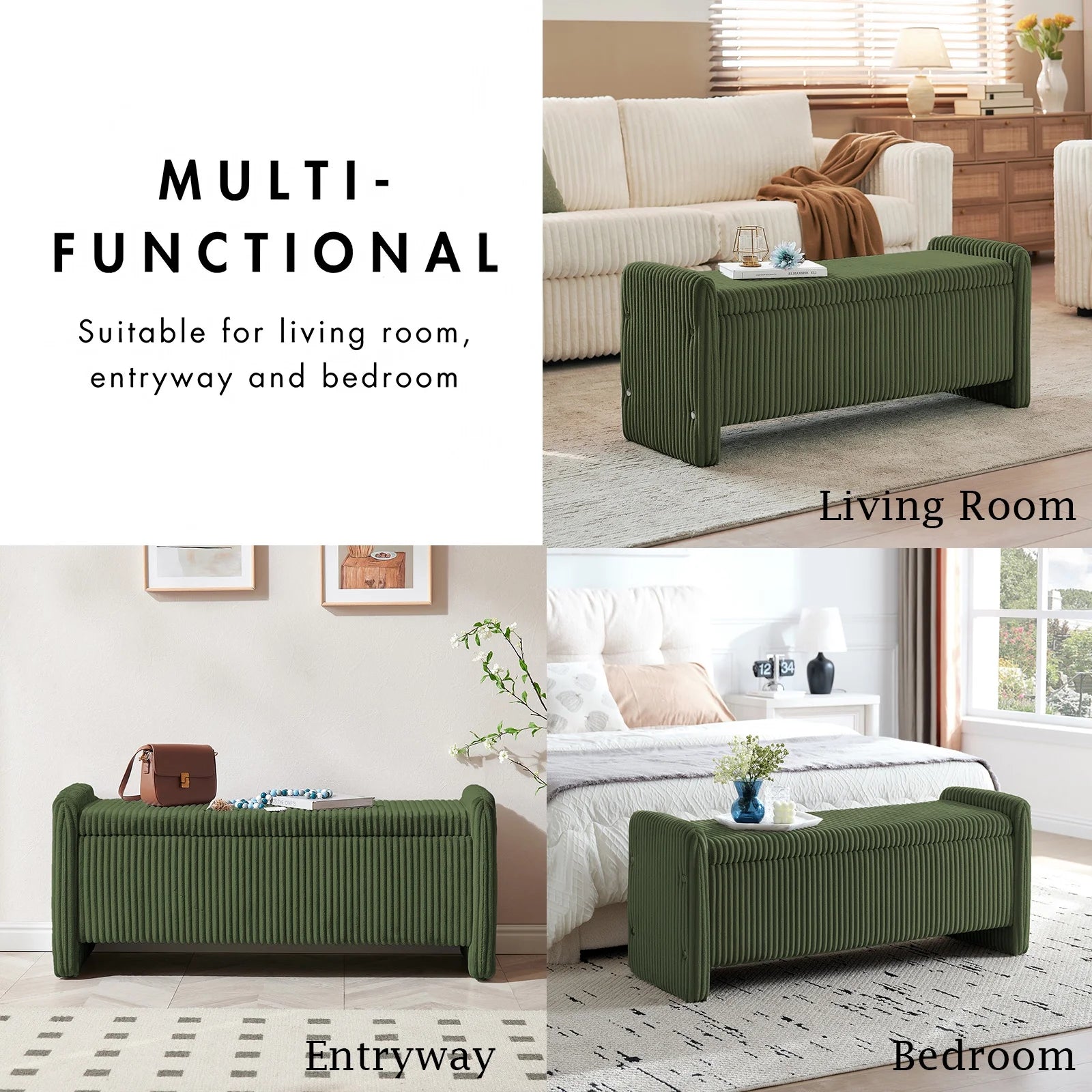 44" Upholstered Storage Bench, Wood Frame Entryway Bench with Storage for Bedroom & Living Room, Corduroy Olive Green