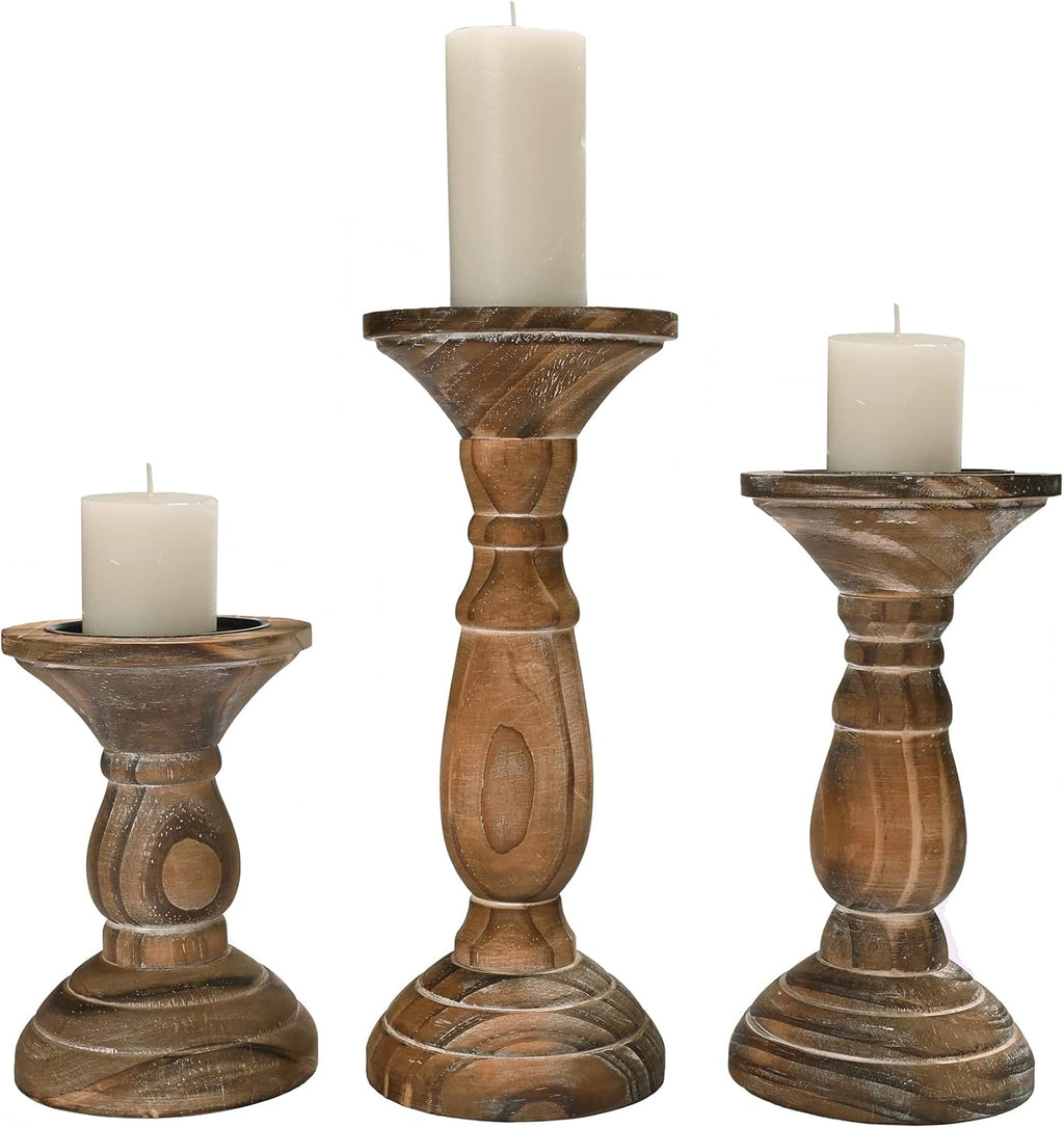 Pillar Candle Holder Set of 3, Brown Farmhouse Decor Living Room | Tall Candle Holders for Pillar Candles, Wood Candle Holders for Table Centerpieces Home Decor Kitchen Dining Room Table Decor