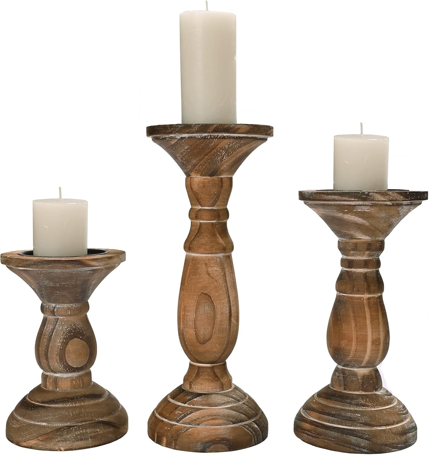 Pillar Candle Holder Set of 3, Brown Farmhouse Decor Living Room | Tall Candle Holders for Pillar Candles, Wood Candle Holders for Table Centerpieces Home Decor Kitchen Dining Room Table Decor