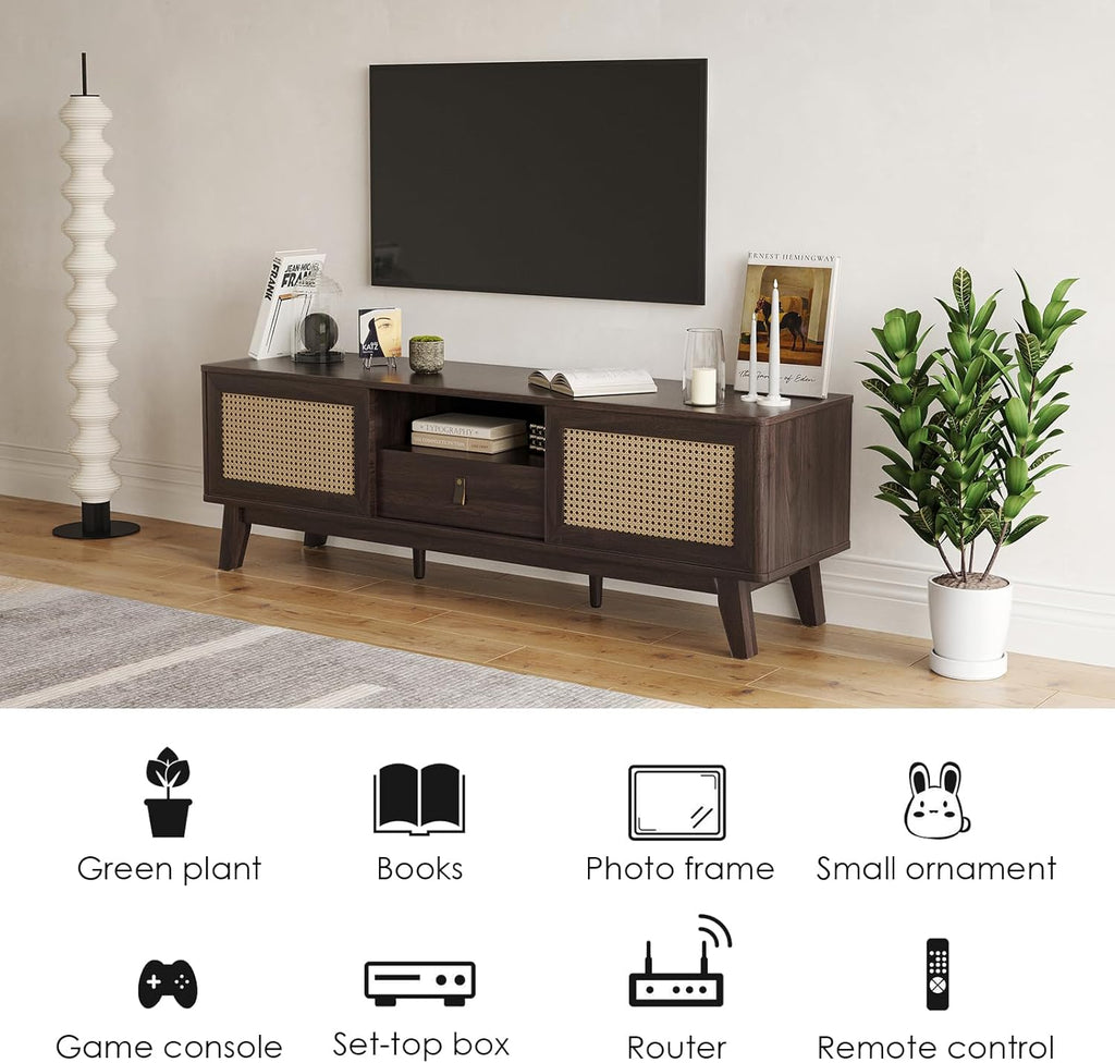 Rattan TV Stand for Tvs, Wood TV Stand Mid Century Modern TV Stand TV Media Console with Drawer and 2 Cabinets, Boho Entertainment Center for Living Room