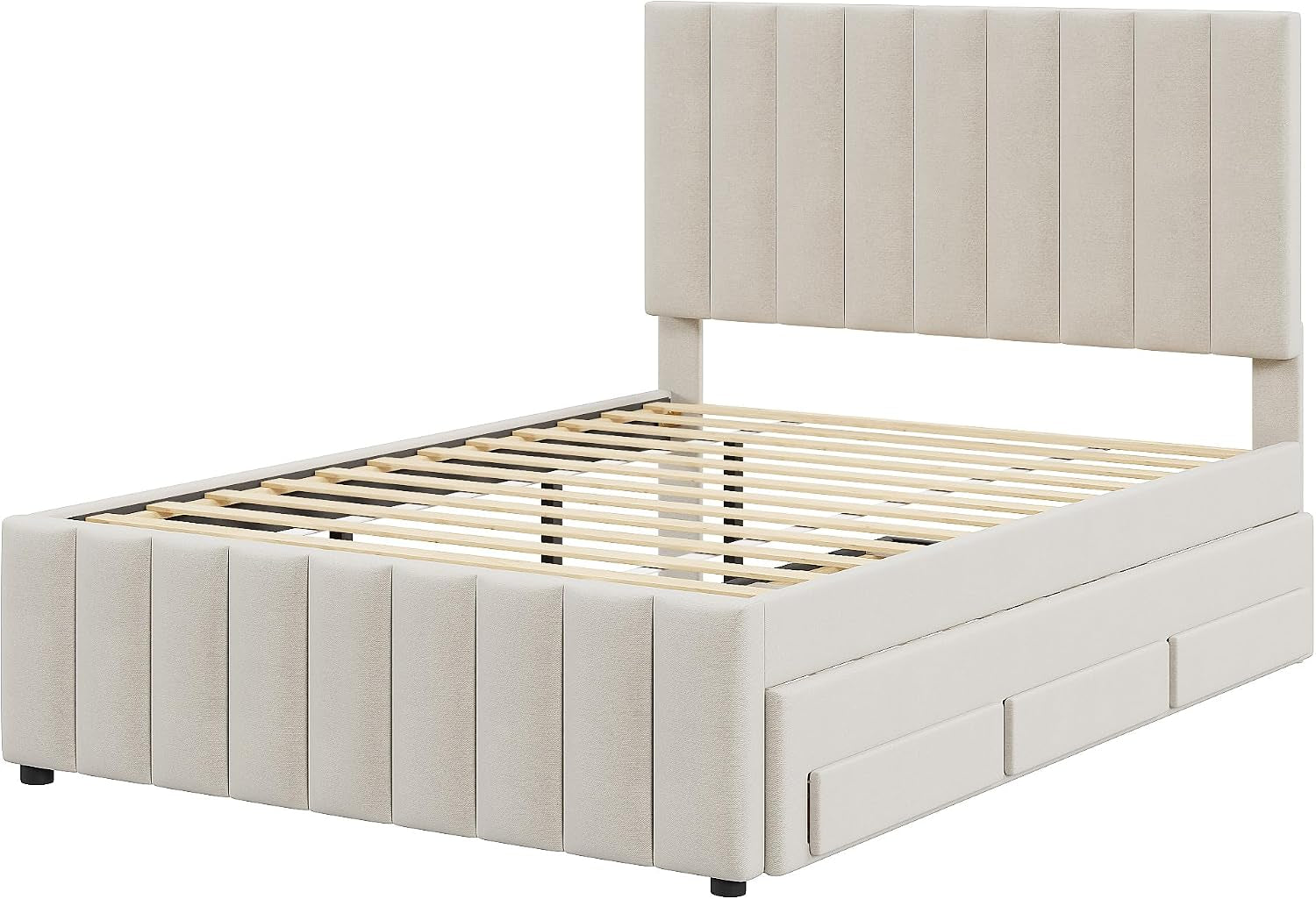 Full Size Bed Frame with Twin Trundle Bed and Storage Drawers,Linen Upholstered Bed Frame,Full Size Trundle Bed with Adjustable Headboard for Kids Teens Adults,Beige