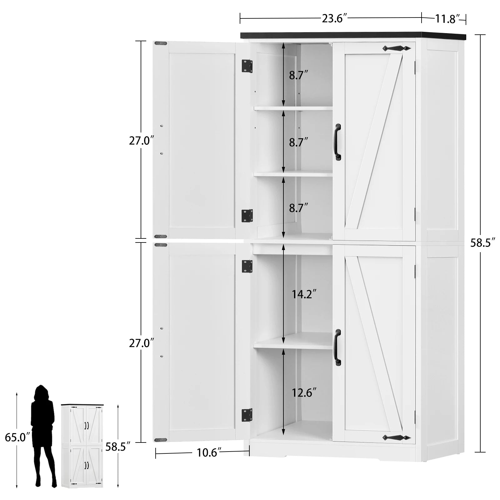 58" H Storage Cabinet with Adjustable Shelf, Farmhouse Kitchen Pantry Cabinet, Bathroom Cabinet with 4 Doors, Cupboard for Kitchen, Bathroom, Living Room, White