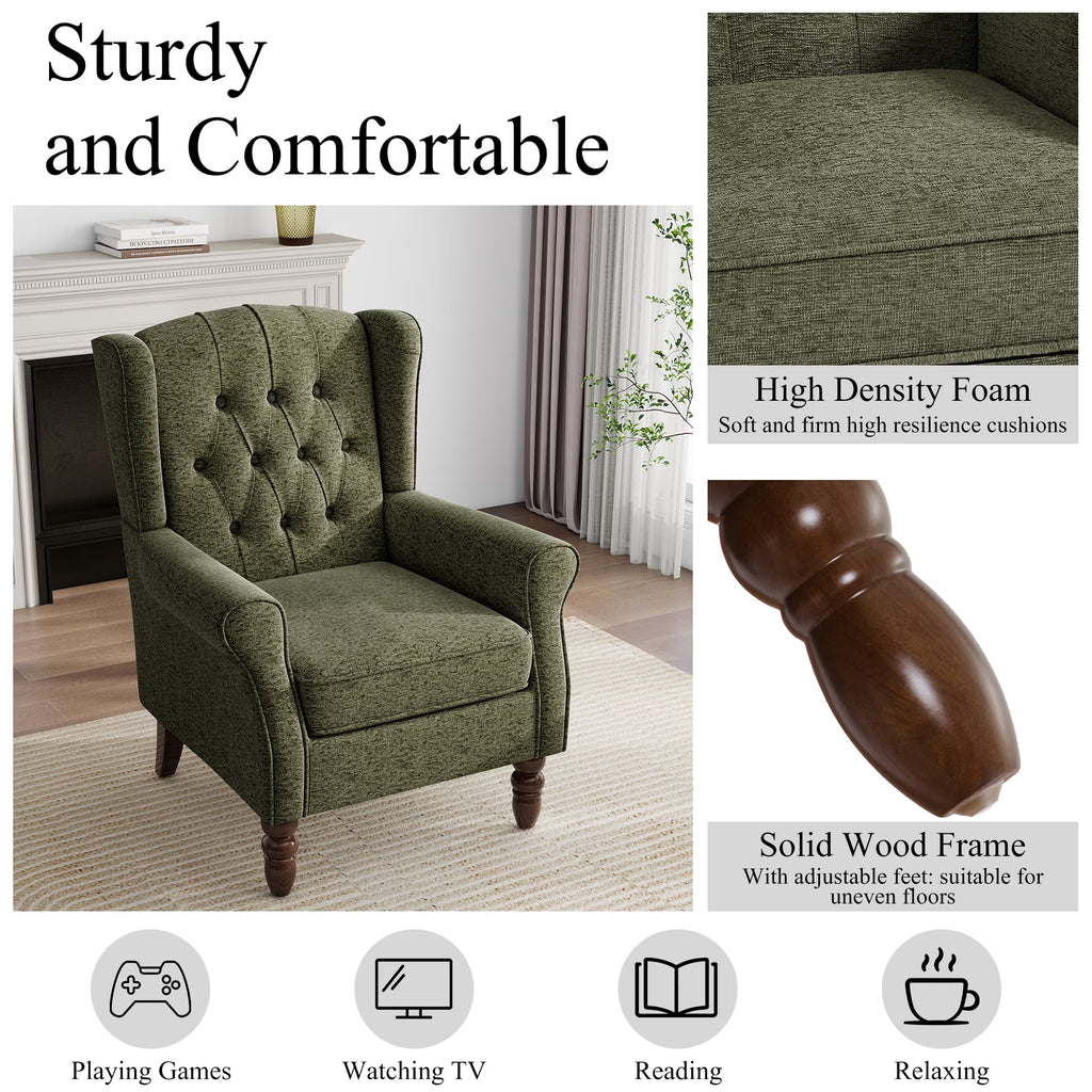 Wingback Accent Chair Upholstered Arm Chair High Back Chair Living Room with Solid Wood Frame, Tufted Green